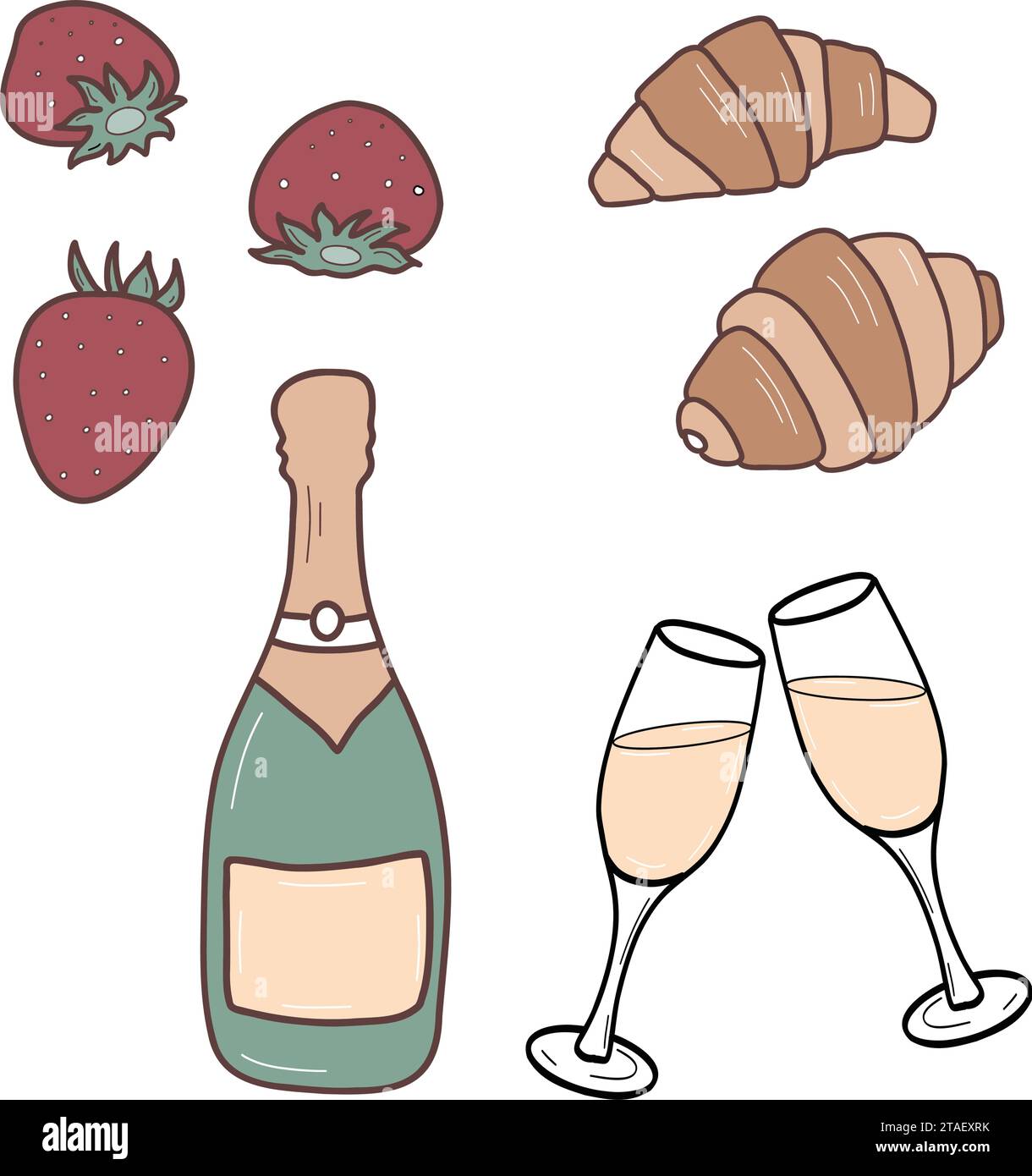 Champagne bottle, two glasses with bubbly, croissants and strawberries. French breakfast food. Vector illustration in cartoon style Stock Vector