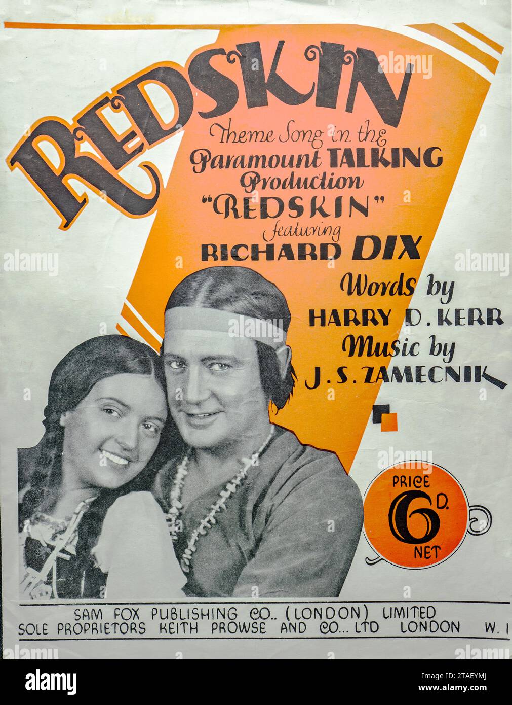 1920s film music sheet featuring Richard Dix and Native American imagery. Cinematic Music Sheet - ''Redskin' Theme Song”.. Stock Photo
