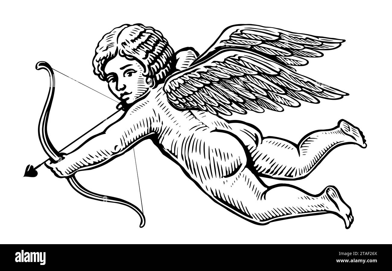 Flying Angel aims an arrow from a bow, hand drawn. God of love, mythological character with wings Stock Photo