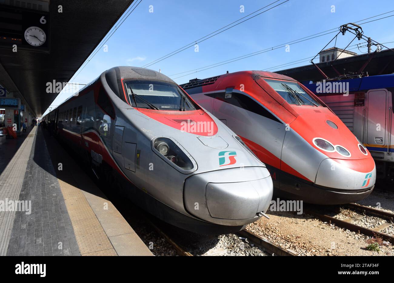 Venice, Italy June 08, 2017 Trenitalia high speed trains at the Venice St. Lucia railway