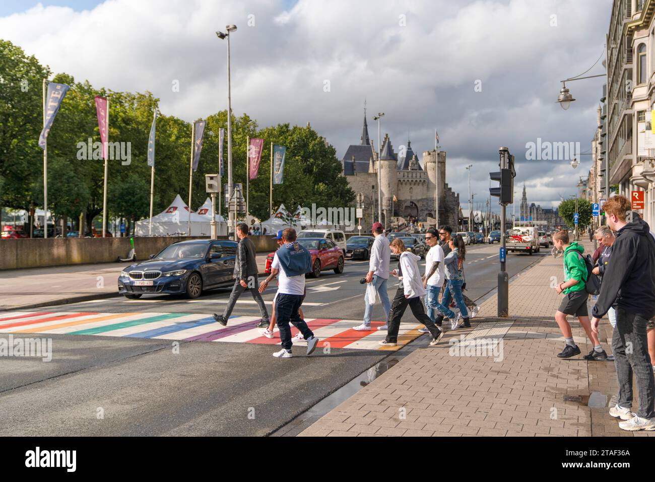 Antwerp, Belgium - July 24 2023: Pedestrian crossing painted in rainbow ...