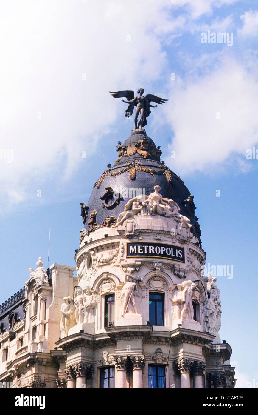 Metropolis Building on Puerta de Alcala in Madrid Spain. Ornate landmark office building off Plaza de Cibeles. Europe Stock Photo