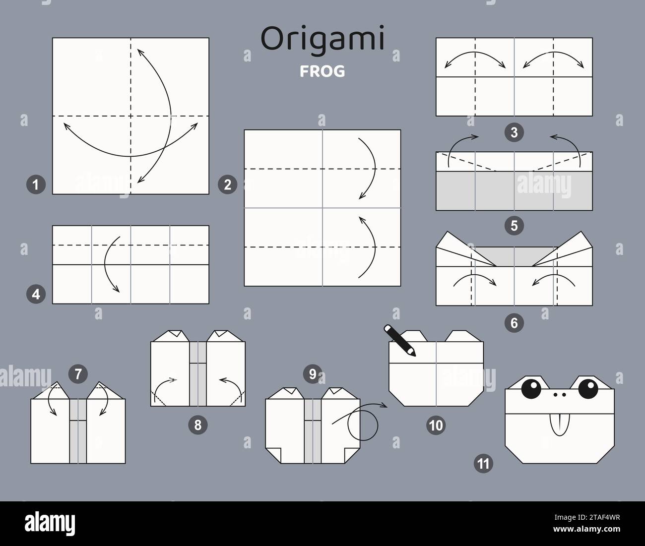 Origami tutorial for kids. Origami cute frog. Stock Vector