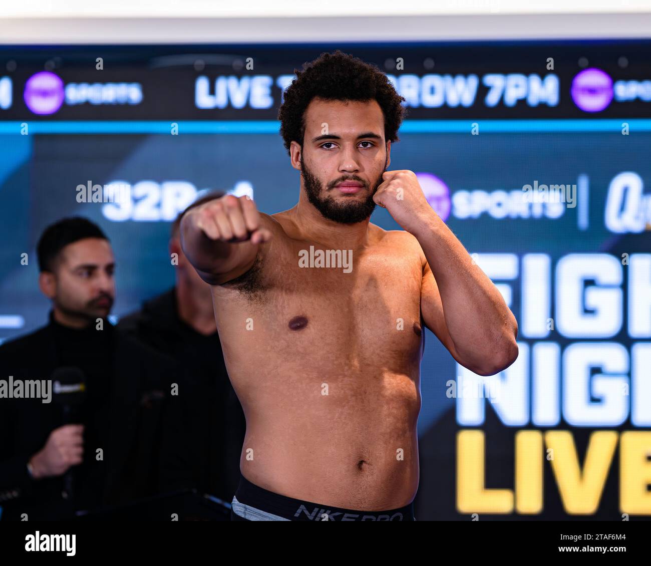 LONDON, UNITED KINGDOM. 30 Nov, 2023. Moses Itauma during Queensberry Show Official Weigh-In at Hyatt Stratford on Thursday, November 30, 2023 in LONDON, ENGLAND. Credit: Taka G Wu/Alamy Live News Stock Photo
