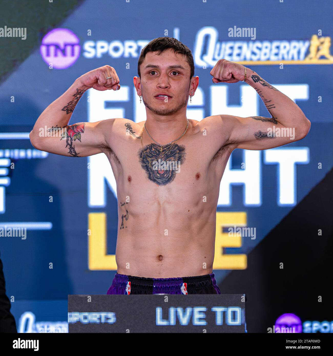 LONDON, UNITED KINGDOM. 30 Nov, 2023. Maicol Velazco during Queensberry Show Official Weigh-In at Hyatt Stratford on Thursday, November 30, 2023 in LONDON, ENGLAND. Credit: Taka G Wu/Alamy Live News Stock Photo