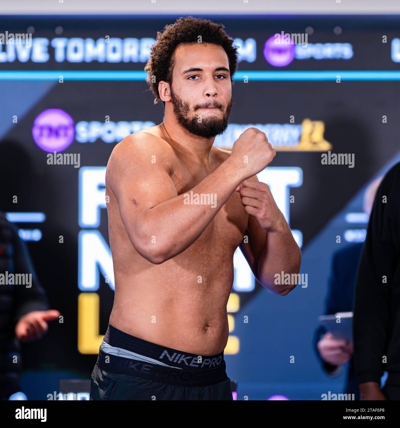 LONDON, UNITED KINGDOM. 30 Nov, 2023. Moses Itauma during Queensberry Show Official Weigh-In at Hyatt Stratford on Thursday, November 30, 2023 in LONDON, ENGLAND. Credit: Taka G Wu/Alamy Live News Stock Photo