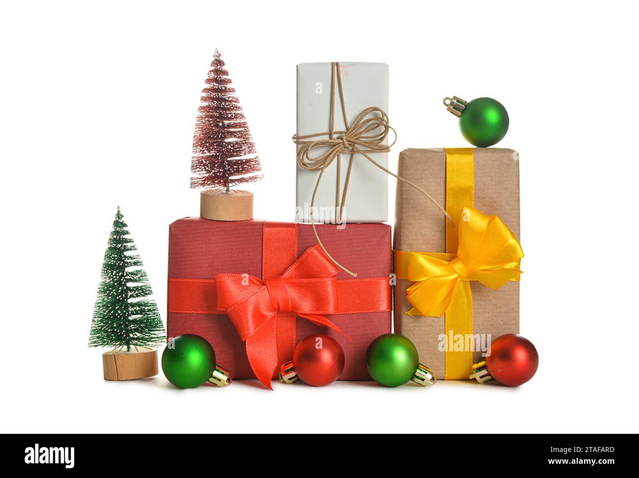 Gift boxes with bows, Christmas trees and balls on white background ...