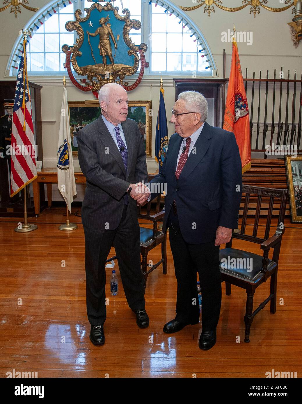 Boston, Massachusetts, USA  December 19 ,2007 Former Secretary of State and former National Security Advisor Dr. Henry A. Kissinger and Nobel Peace Prize recipient  with former Senator John McCain (R-AZ) at the Ancient and Honorable Artillery Company Armory Faneuil Hall in Boston on December 19, 2007.  Kissinger passed on November 29, 2023 at age 11 at his Connecticut home.  (Rick Friedman ) Stock Photo