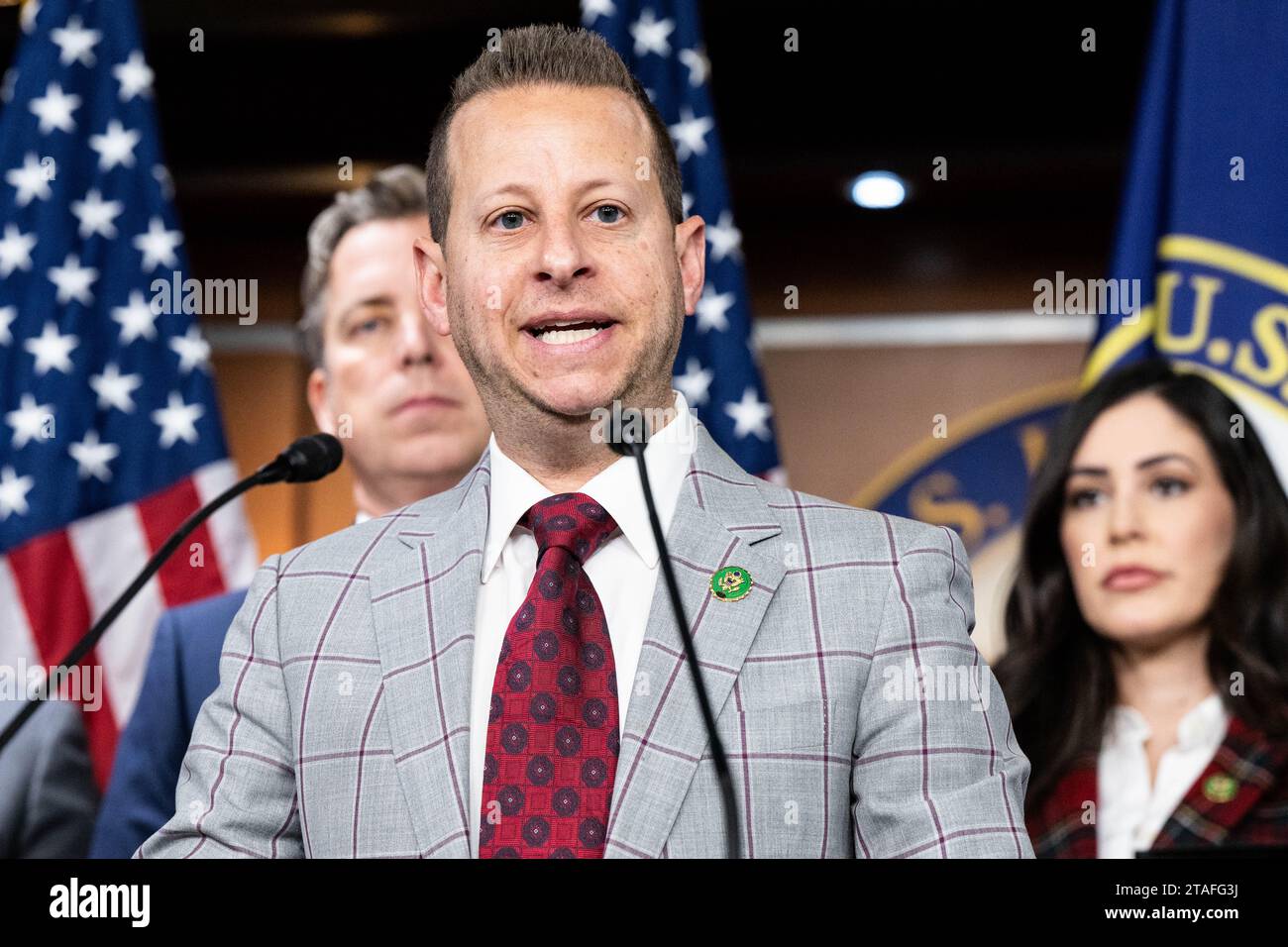 Washington, United States. 30th Nov, 2023. U.S. Representative Jared Moskowitz (D-FL) speaking at a press conference about government transparency about Unidentified Aerial Phenomena (UAP) at the U.S. Capitol. (Photo by Michael Brochstein/Sipa USA) Credit: Sipa USA/Alamy Live News Stock Photo