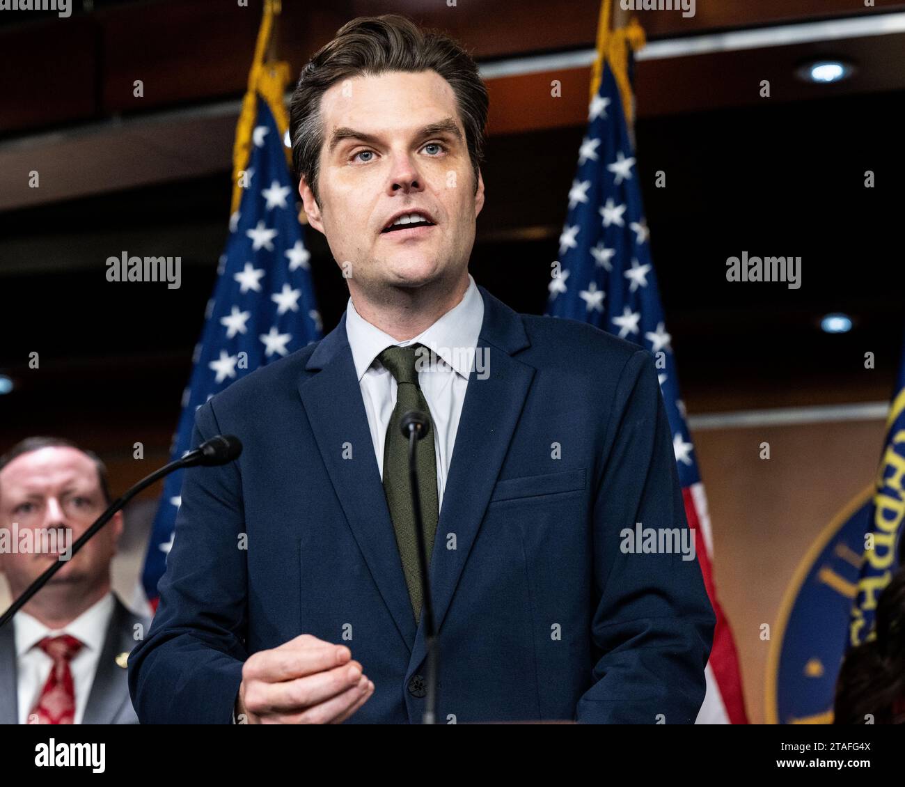 Washington, United States. 30th Nov, 2023. U.S. Representative Matt Gaetz (R-FL) speaking at a press conference about government transparency about Unidentified Aerial Phenomena (UAP) at the U.S. Capitol. (Photo by Michael Brochstein/Sipa USA) Credit: Sipa USA/Alamy Live News Stock Photo