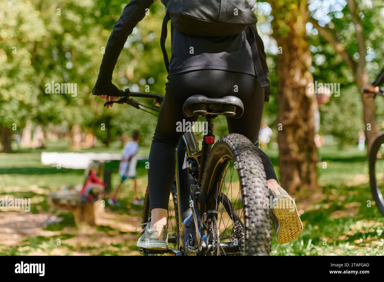 A sports bicycle races through the park, its components in focused