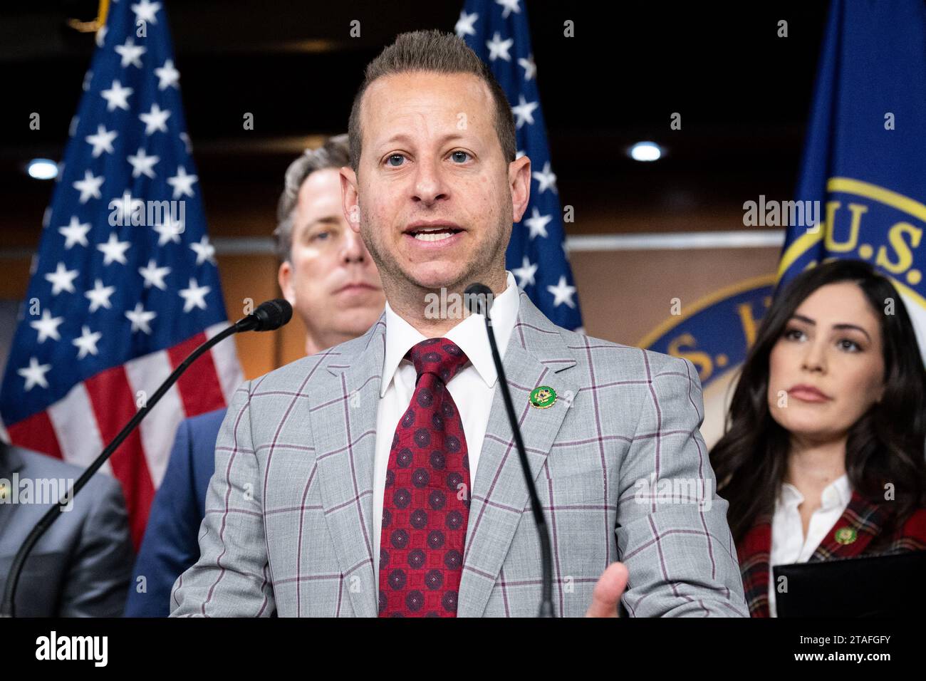 Washington, United States. 30th Nov, 2023. U.S. Representative Jared Moskowitz (D-FL) speaking at a press conference about government transparency about Unidentified Aerial Phenomena (UAP) at the U.S. Capitol. Credit: SOPA Images Limited/Alamy Live News Stock Photo