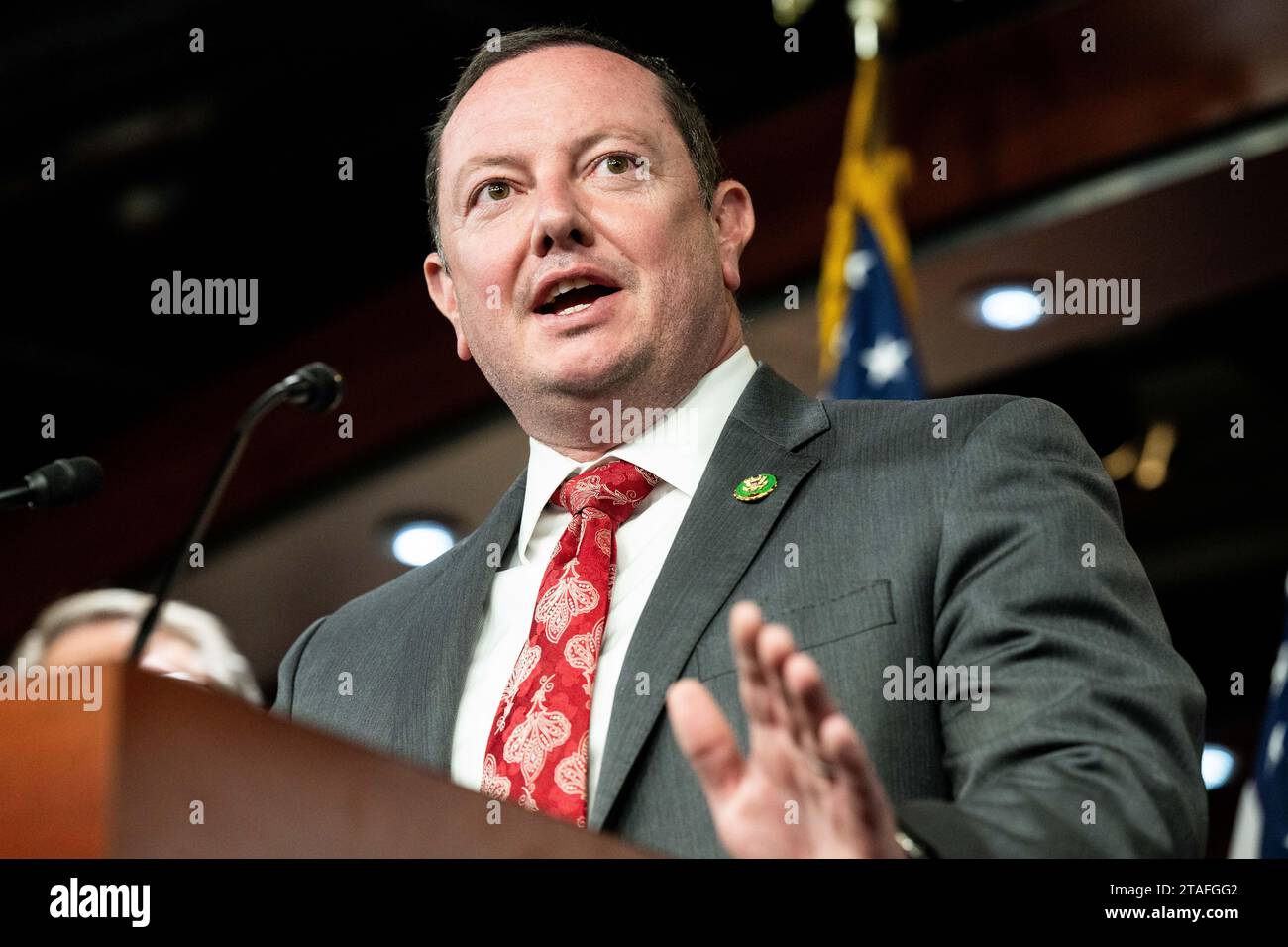 Washington, United States. 30th Nov, 2023. U.S. Representative Eric Burlison (R-MO) speaking at a press conference about government transparency about Unidentified Aerial Phenomena (UAP) at the U.S. Capitol. Credit: SOPA Images Limited/Alamy Live News Stock Photo