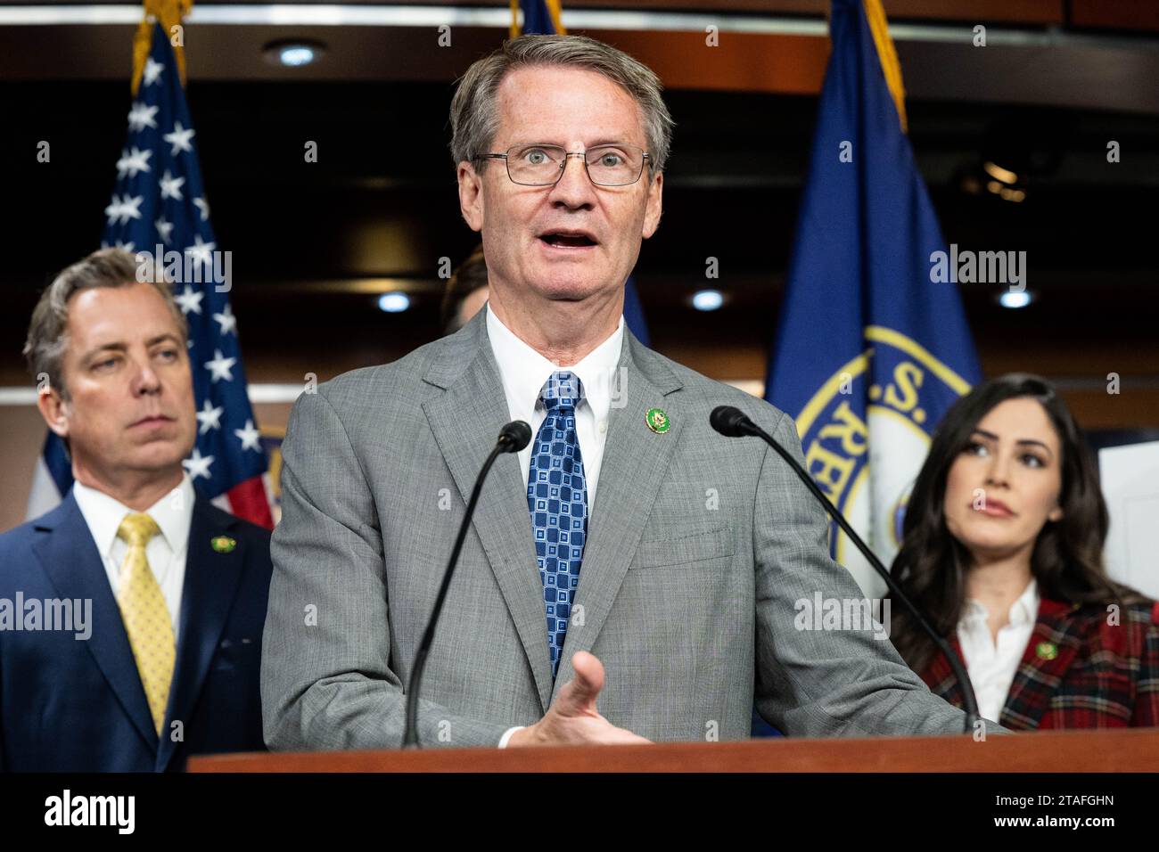 Washington, United States. 30th Nov, 2023. U.S. Representative Tim Burchett (R-TN) speaking at a press conference about government transparency about Unidentified Aerial Phenomena (UAP) at the U.S. Capitol. Credit: SOPA Images Limited/Alamy Live News Stock Photo
