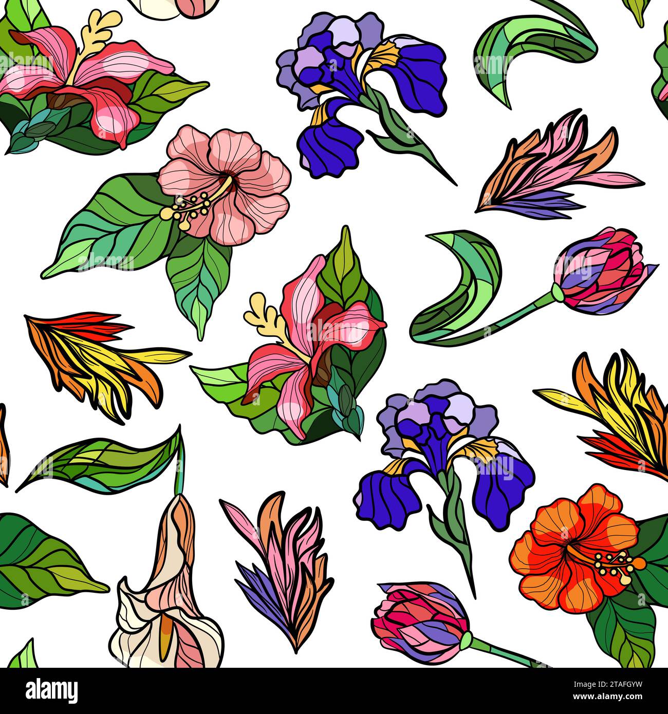 Seamless floral pattern with stained glass flowers. Vector illustration Stock Vector