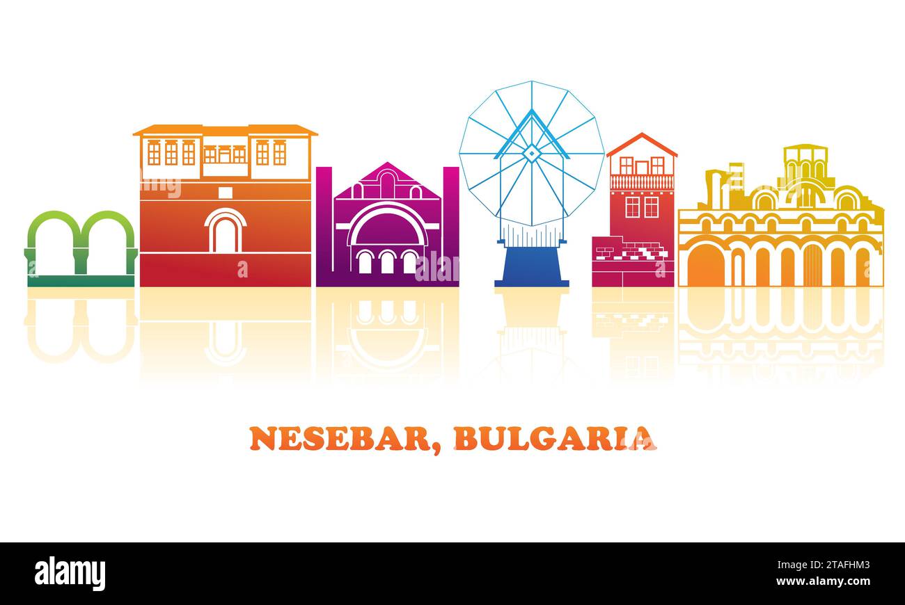 Colourfull Skyline panorama of town of Nessebar, Bulgaria - vector illustration Stock Vector