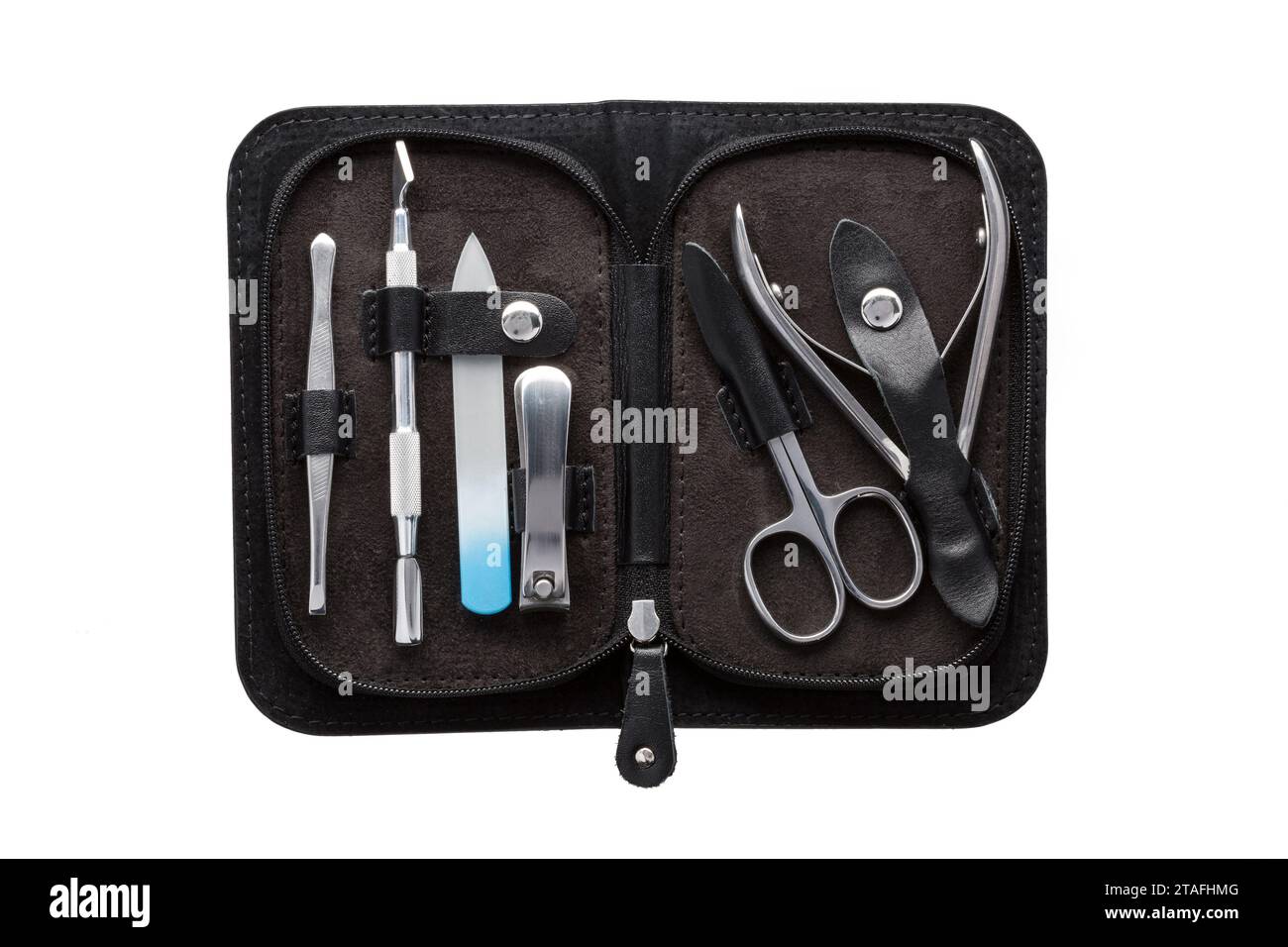 Set of steel manicure instruments and tools in black leather case ...