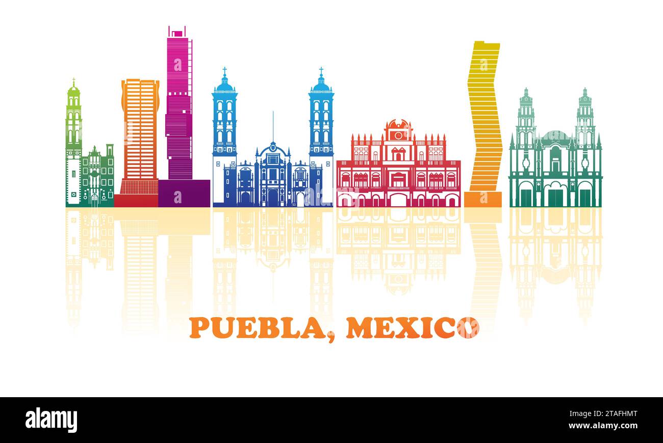 Colourfull Skyline panorama of city of Puebla, Mexico - vector illustration Stock Vector