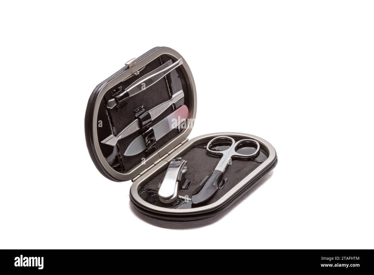 Set of steel manicure instruments and tools in black leather case ...