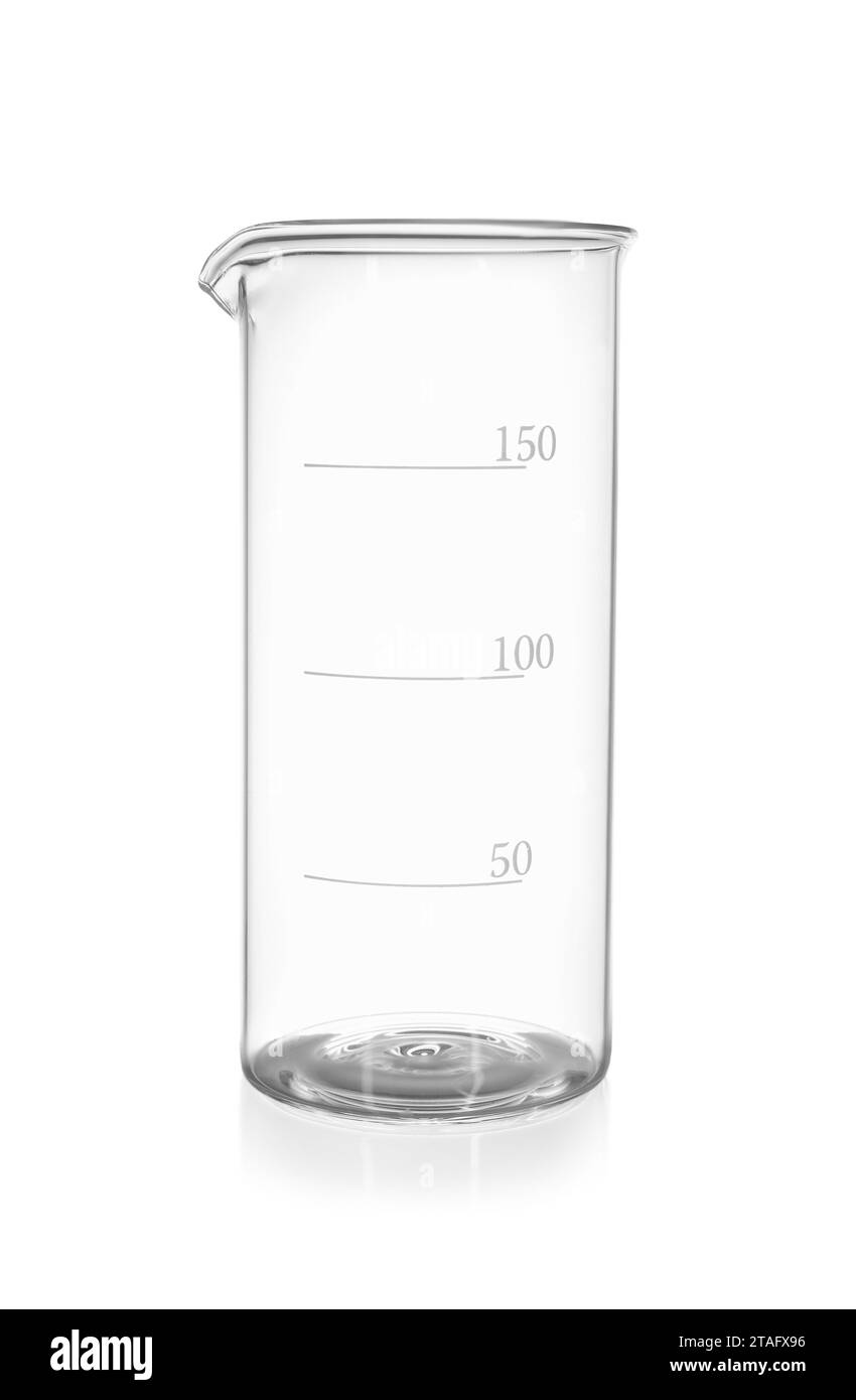 One empty glass beaker isolated on white Stock Photo Alamy
