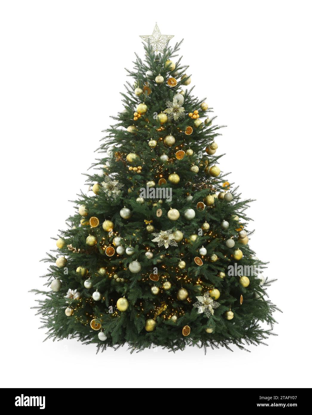 Beautiful Christmas tree decorated with ornaments isolated on white ...