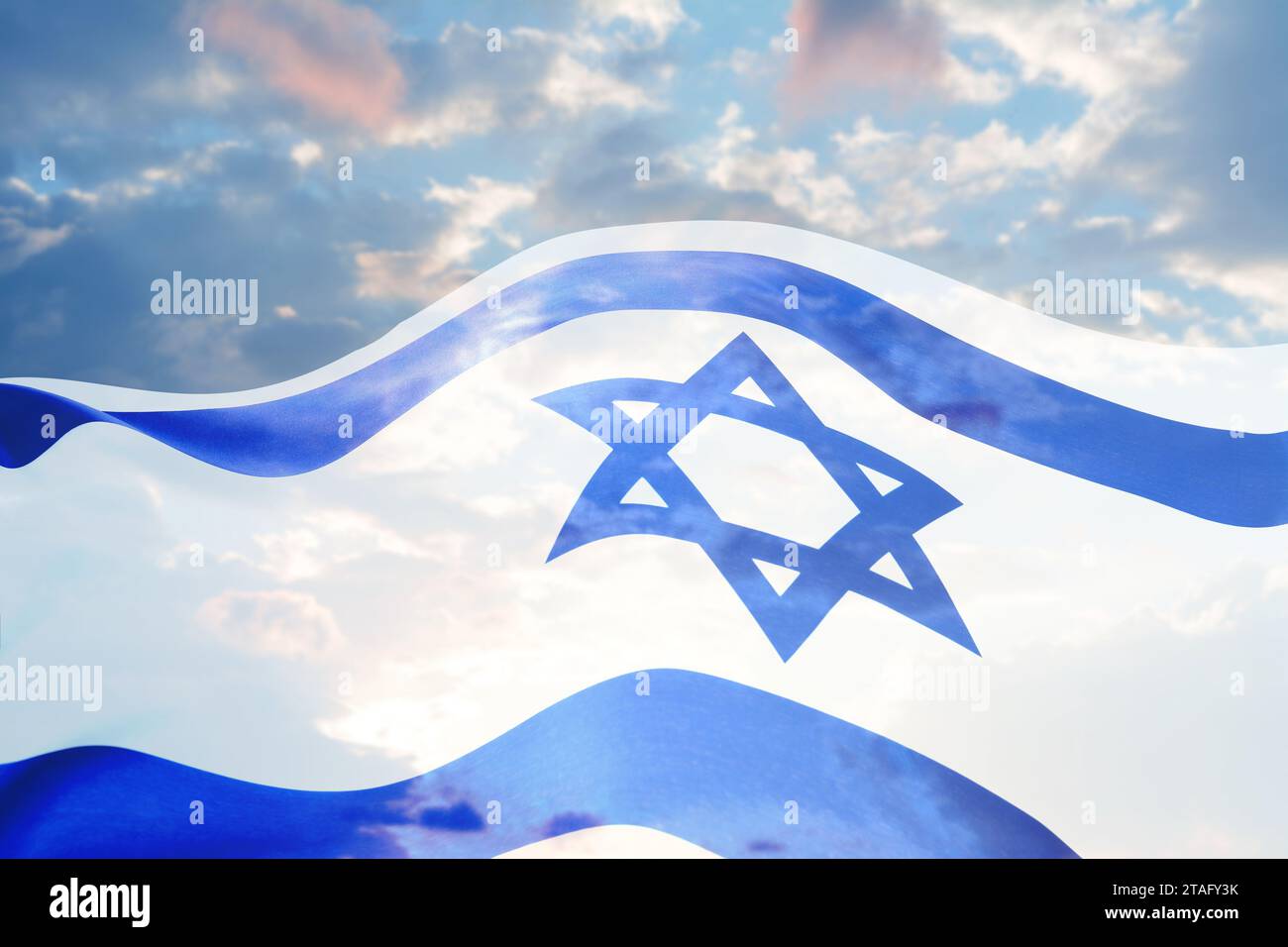 National flag of Israel and blue sky with clouds, double exposure Stock ...