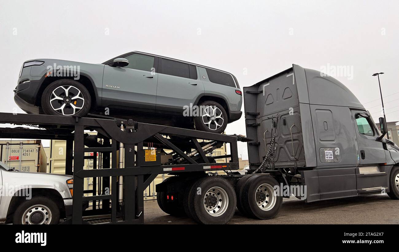 EMPORIA, KANSAS NOVEMBER 30, 2023 A used Rivian EV model R1S that sells new starting at