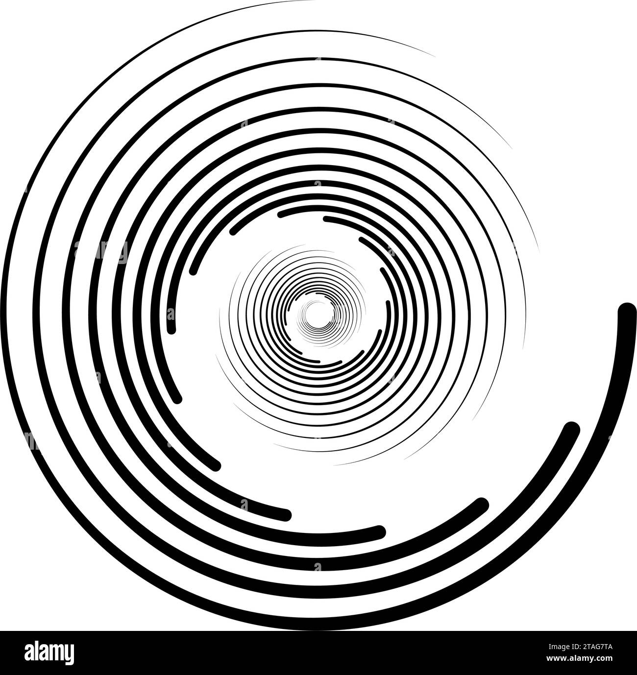 Spiral lines element. Radial spinning stripes texture. Black circle