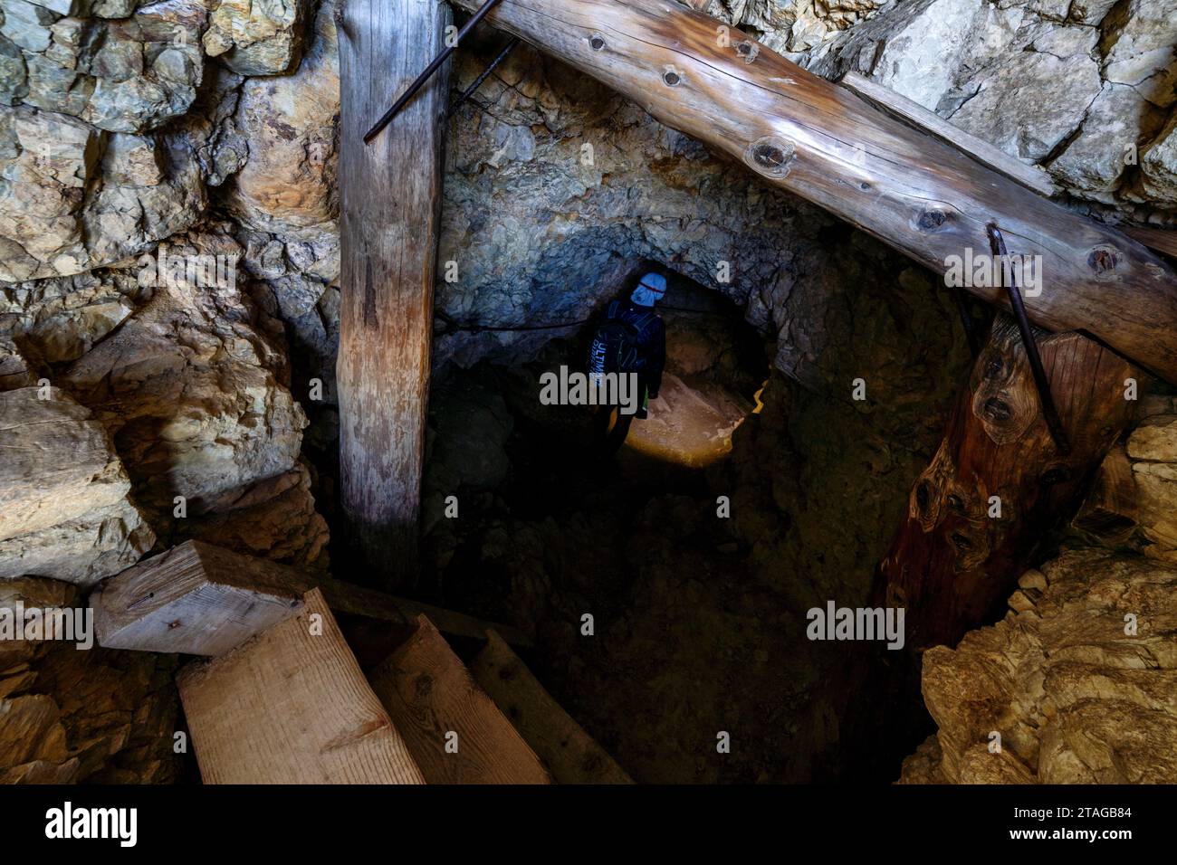 In World War I time tunnels while hiking on Alta Via 1 route near Rifugio Lagazuoi, Badia, Italy Stock Photo