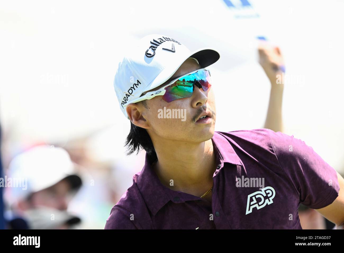 1st December 2023; The Australian Golf Club and The Lakes Golf Club, Sydney, New South Wales, Australia; ISPS HANDA Australian Open Round 2; Min Woo Lee of Australia watches his tee shot on the 8th hole Stock Photo