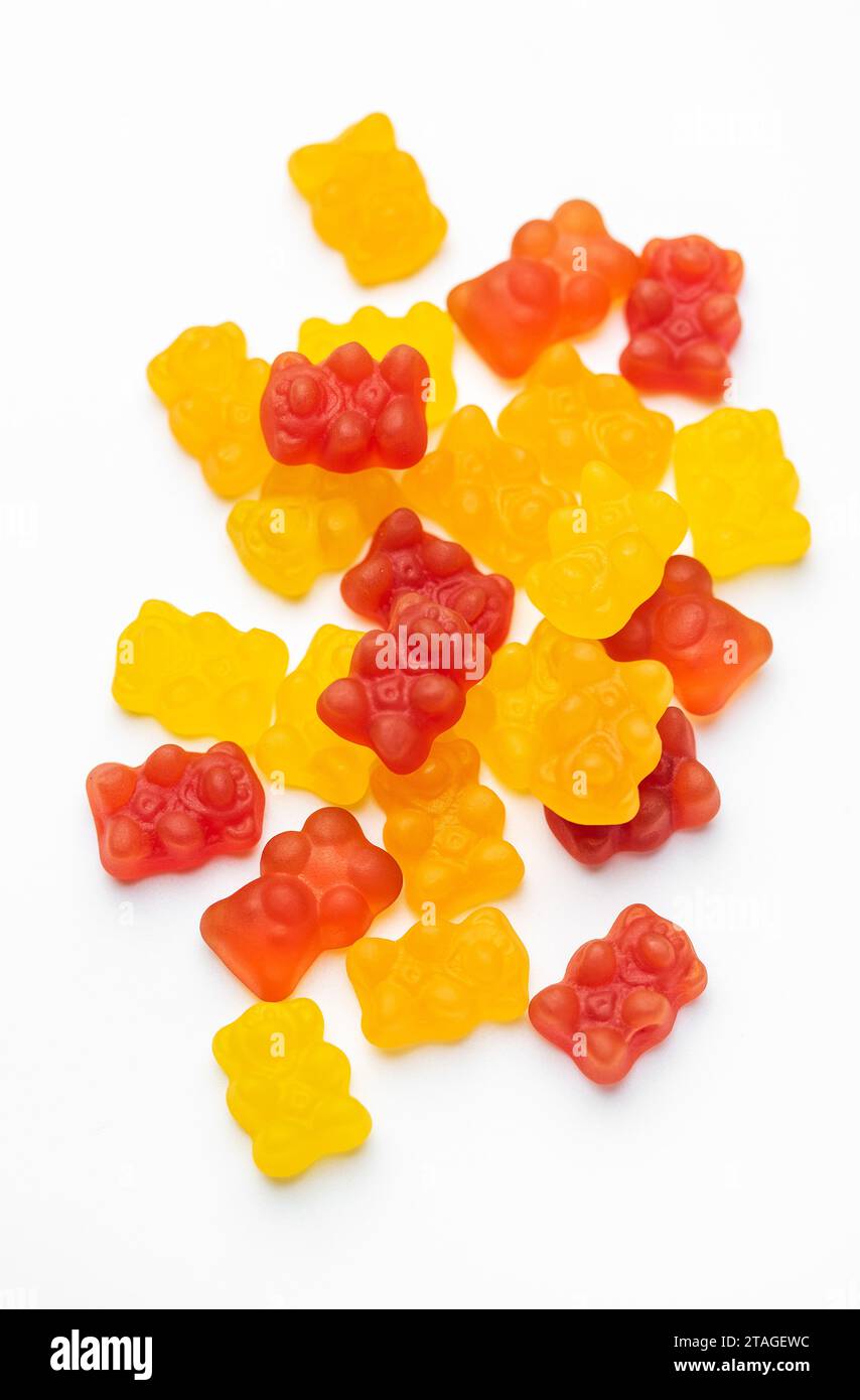 Vitamins for children, jelly gummy bears candy on white background
