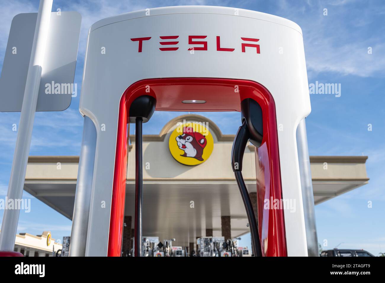 Tesla EV Supercharger at the Buc-ees travel center fueling station along I-95 in Daytona Beach, Florida. (USA) Stock Photo