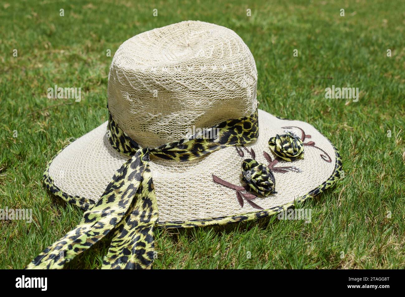 Hat With Ribbon Female Hat decorated with ribbon and flower. Big straw hat worn for ...