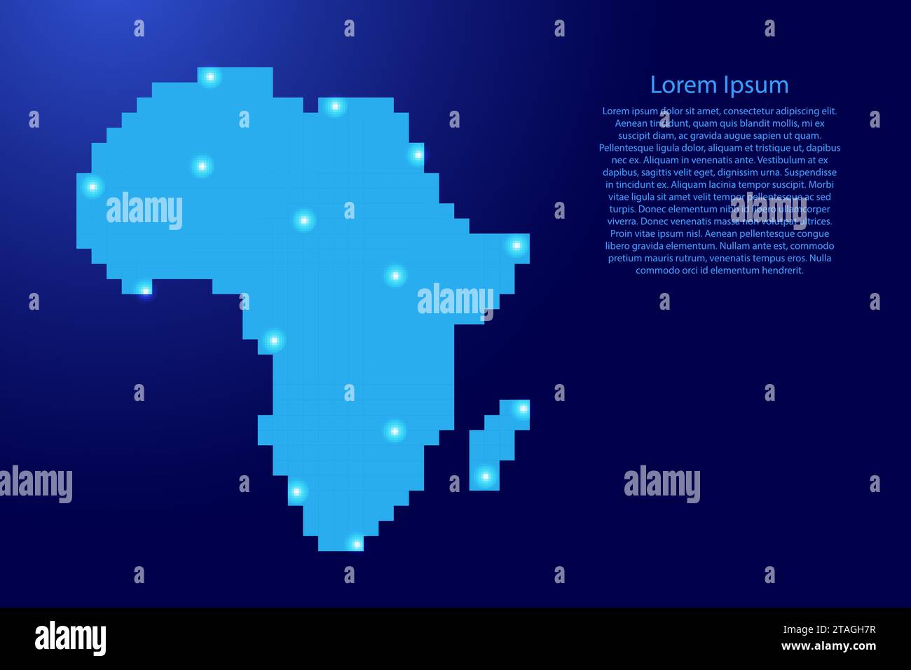 Africa map map silhouette from blue square pixels and glowing stars. Vector illustration. Stock Vector