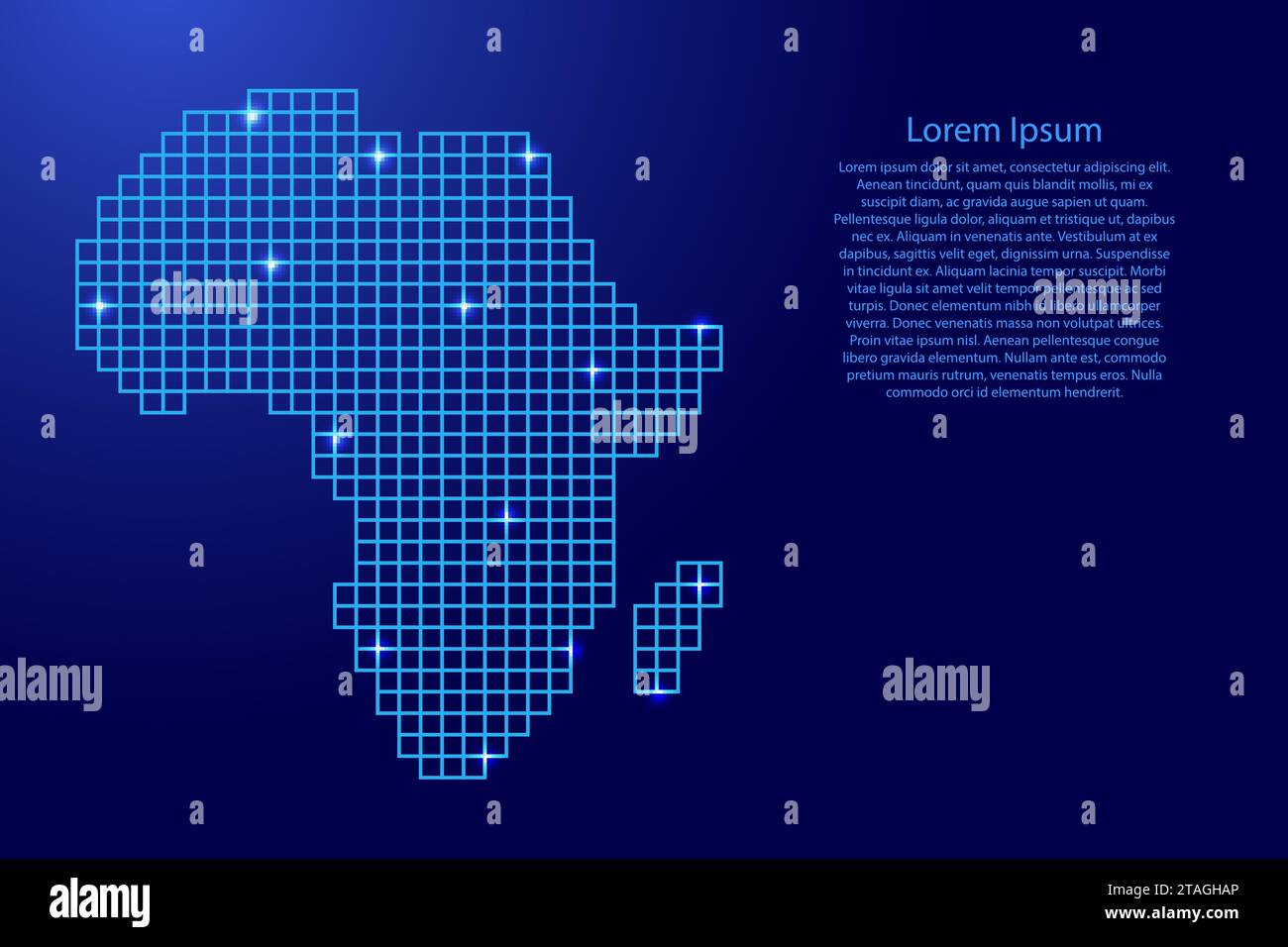 Africa map silhouette from blue mosaic structure squares and glowing stars. Vector illustration. Stock Vector