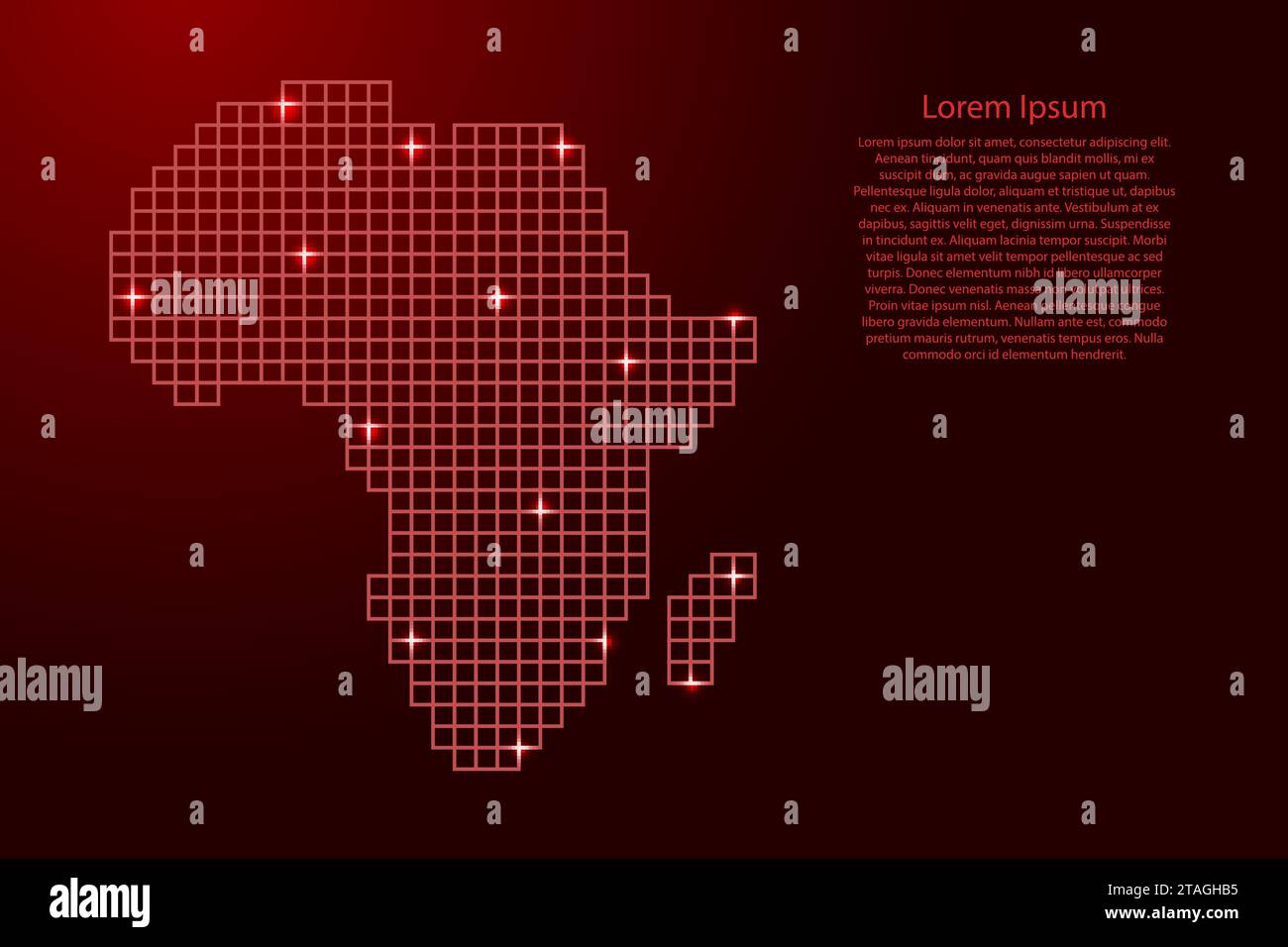 Africa map silhouette from red mosaic structure squares and glowing stars. Vector illustration. Stock Vector