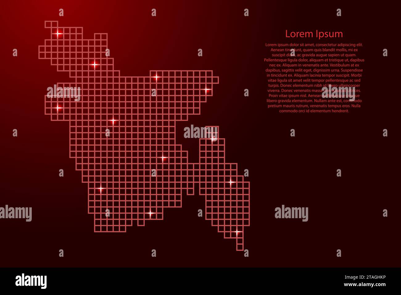 Bangladesh map silhouette from red mosaic structure squares and glowing stars. Vector illustration. Stock Vector