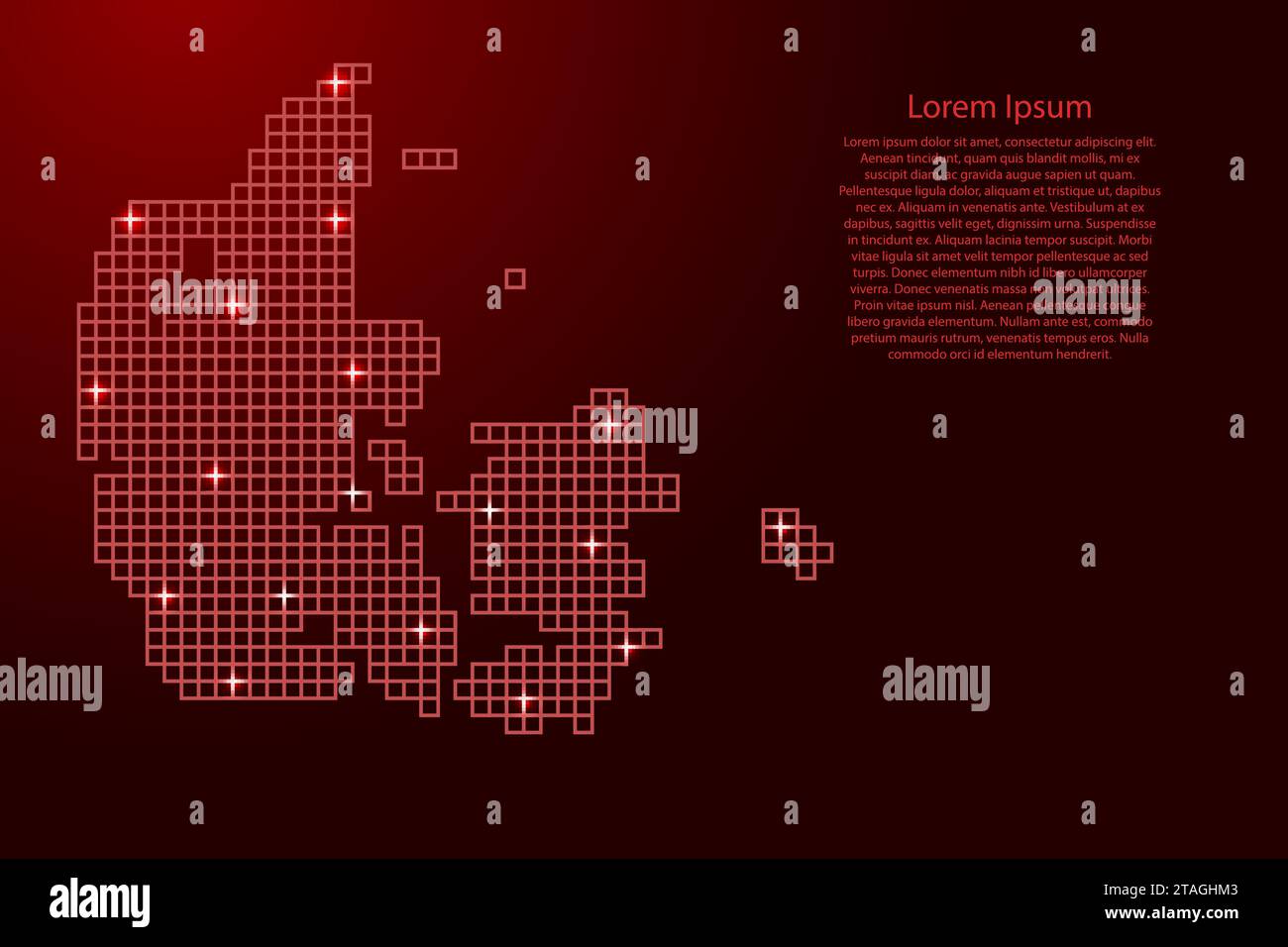 Denmark map silhouette from red mosaic structure squares and glowing