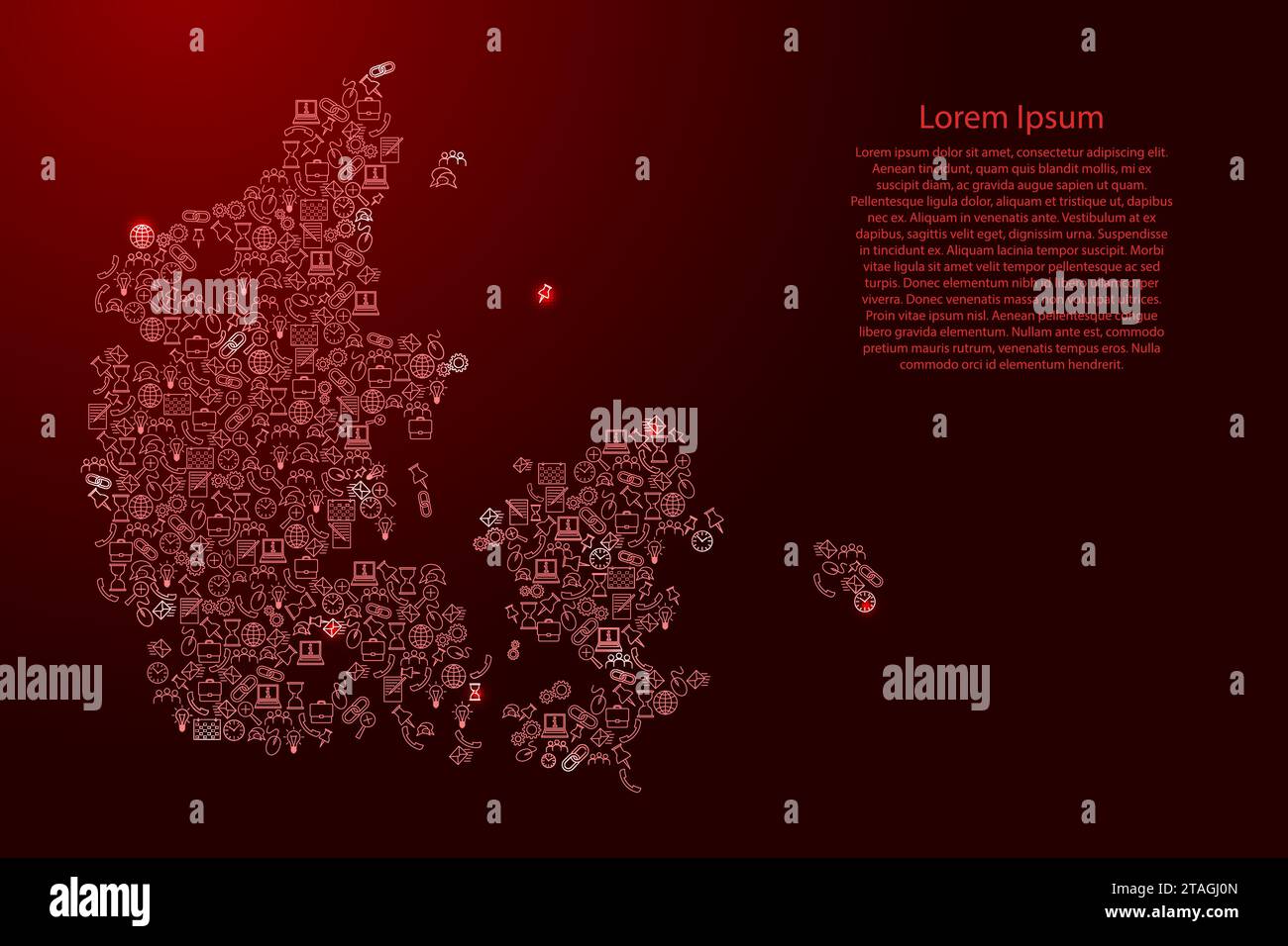 Denmark map from red and glowing stars icons pattern set of SEO ...