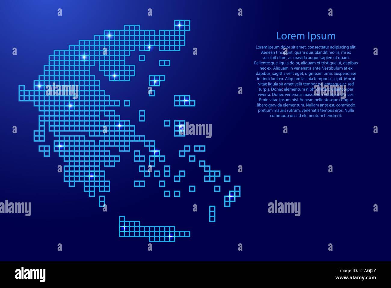 Greece map silhouette from blue mosaic structure squares and glowing stars. Vector illustration. Stock Vector