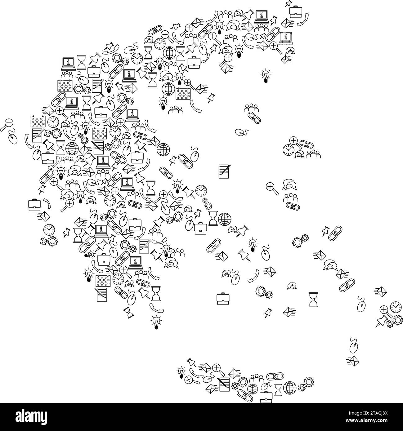 Greece map from black pattern set icons of SEO analysis concept or development, business. Vector illustration. Stock Vector