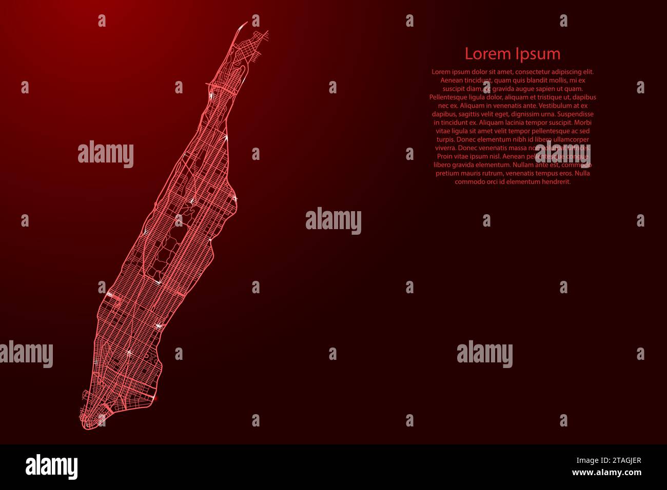 Manhattan map of red lines of automobile roads different thickness and glowing stars on dark background. Vector illustration. Stock Vector