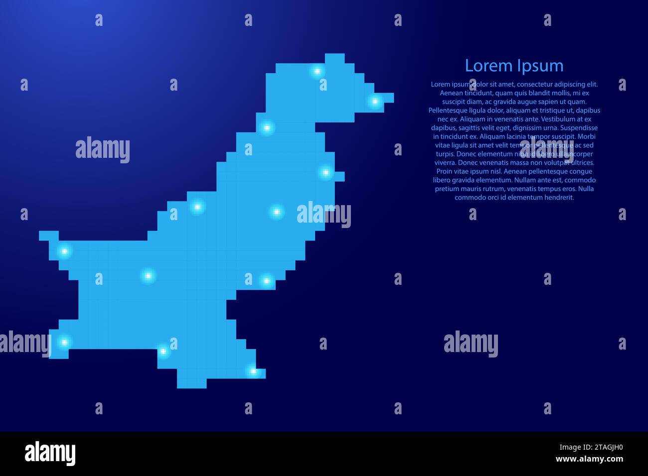 Pakistan map silhouette from blue square pixels and glowing stars