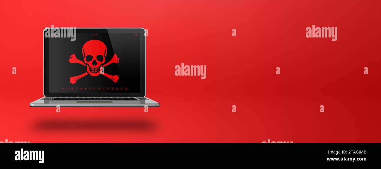 Laptop with a pirate symbol on screen. Hacking and virus concept. 3D illustration isolated on red background. Horizontal banner Stock Photo