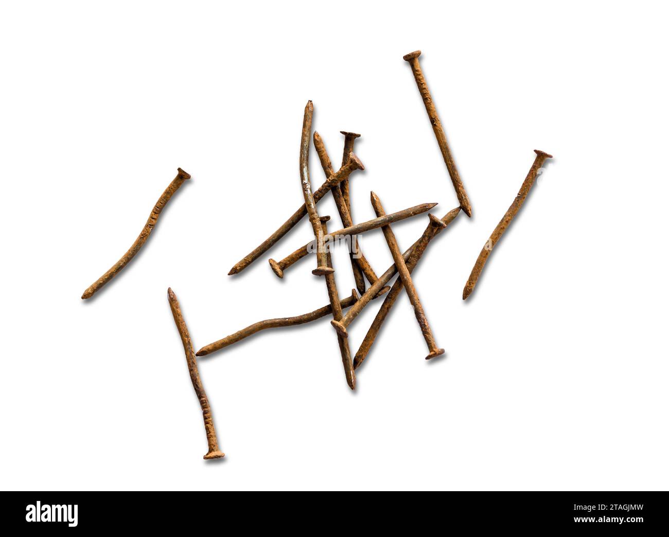 Old rusty bent nails isolated on white background Stock Photo