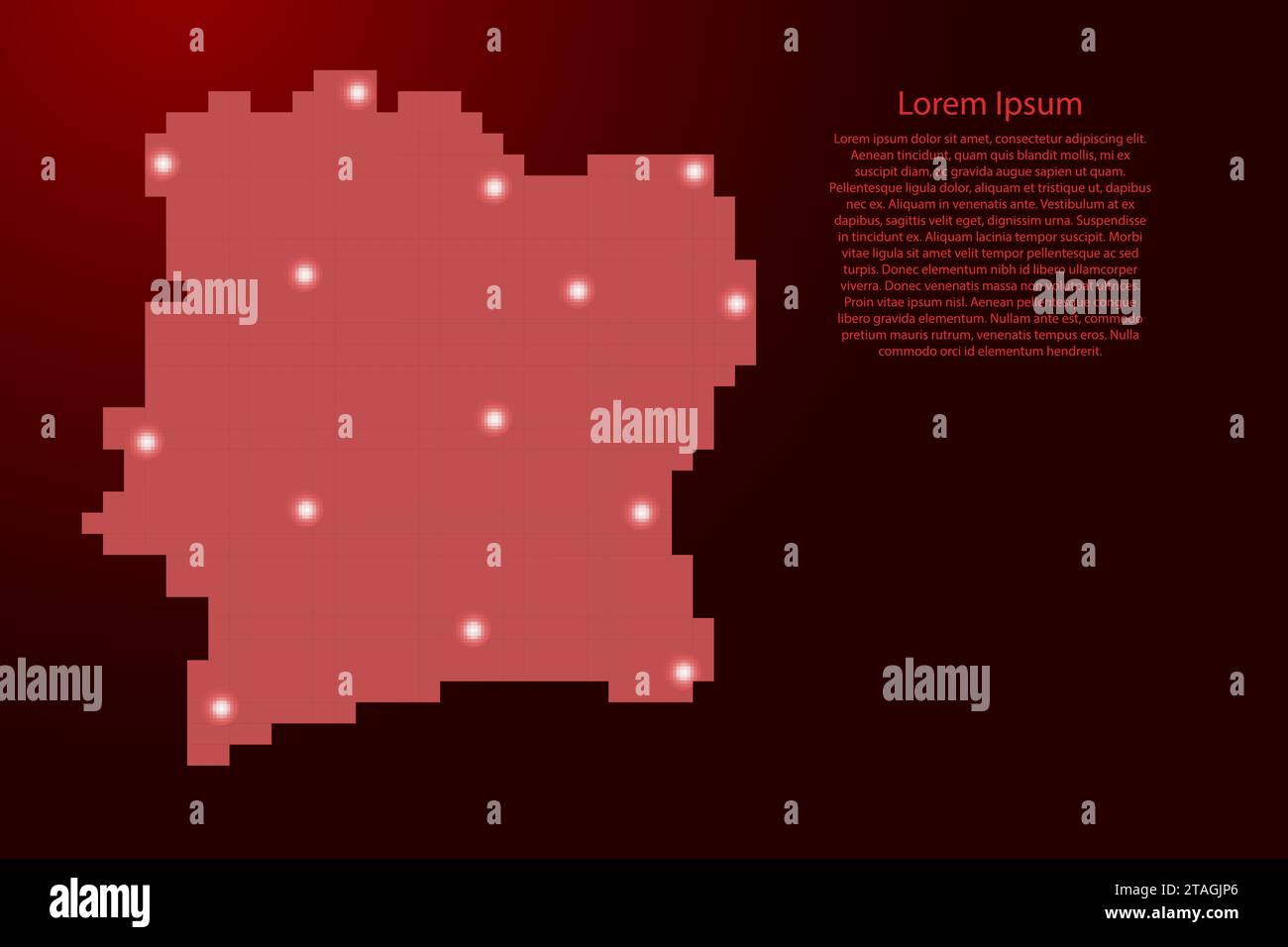 Ivory Coast map silhouette from red square pixels and glowing stars ...