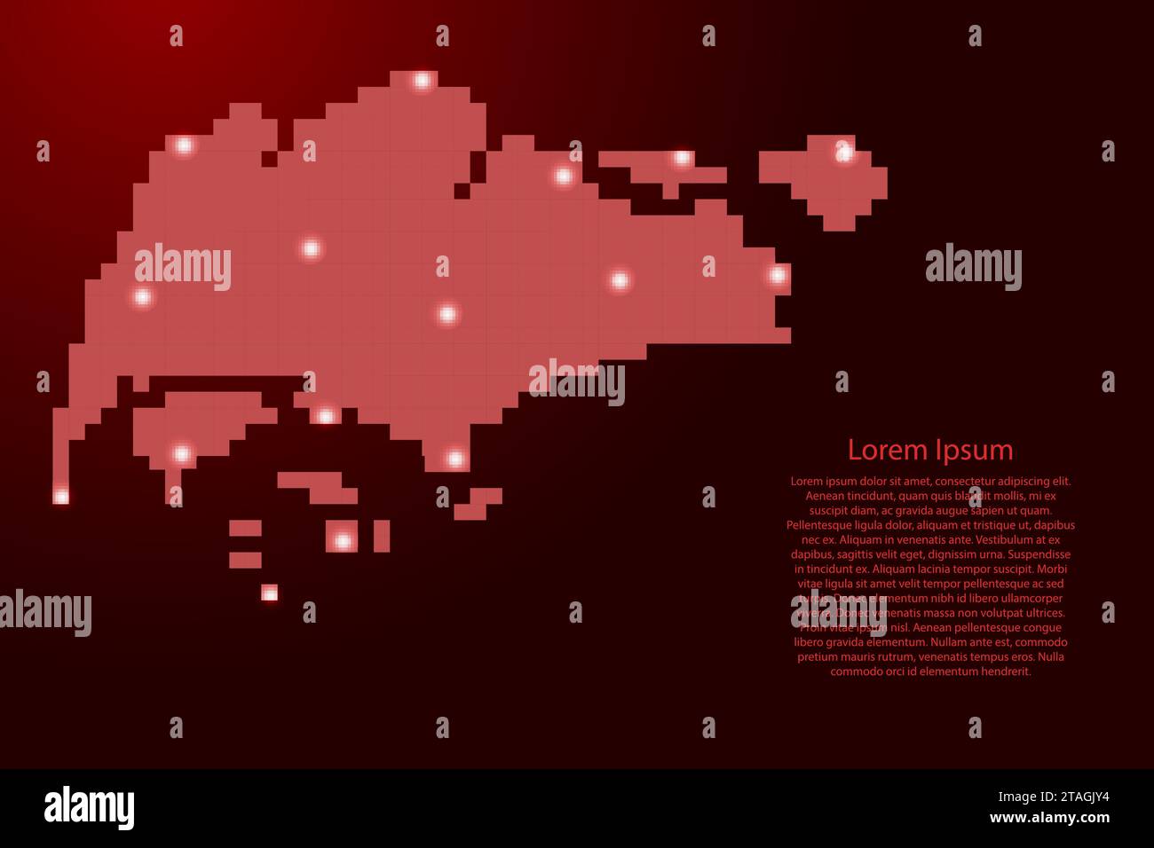 Singapore map silhouette from red square pixels and glowing stars ...