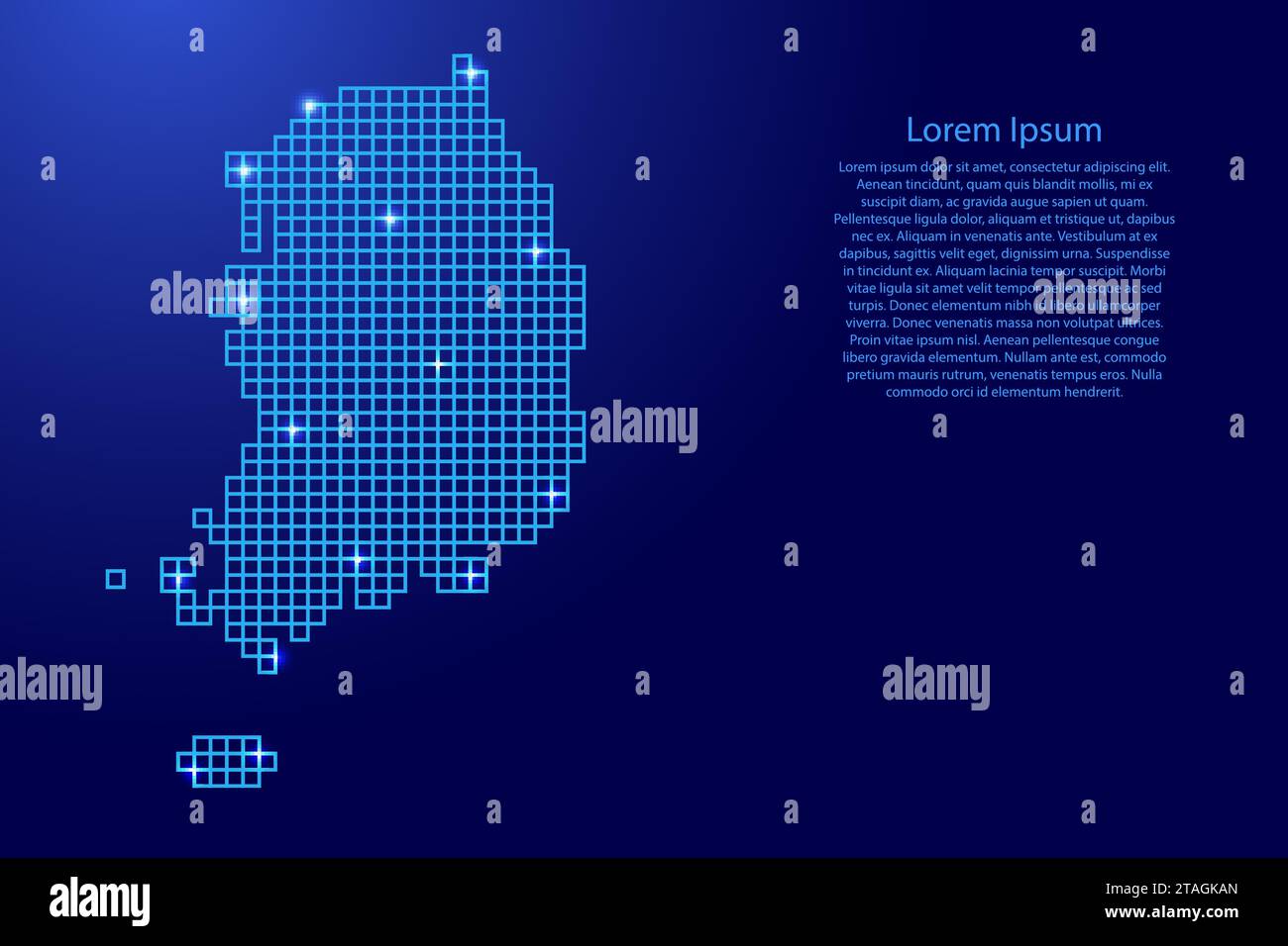 South Korea map silhouette from blue mosaic structure squares and glowing stars. Vector illustration. Stock Vector