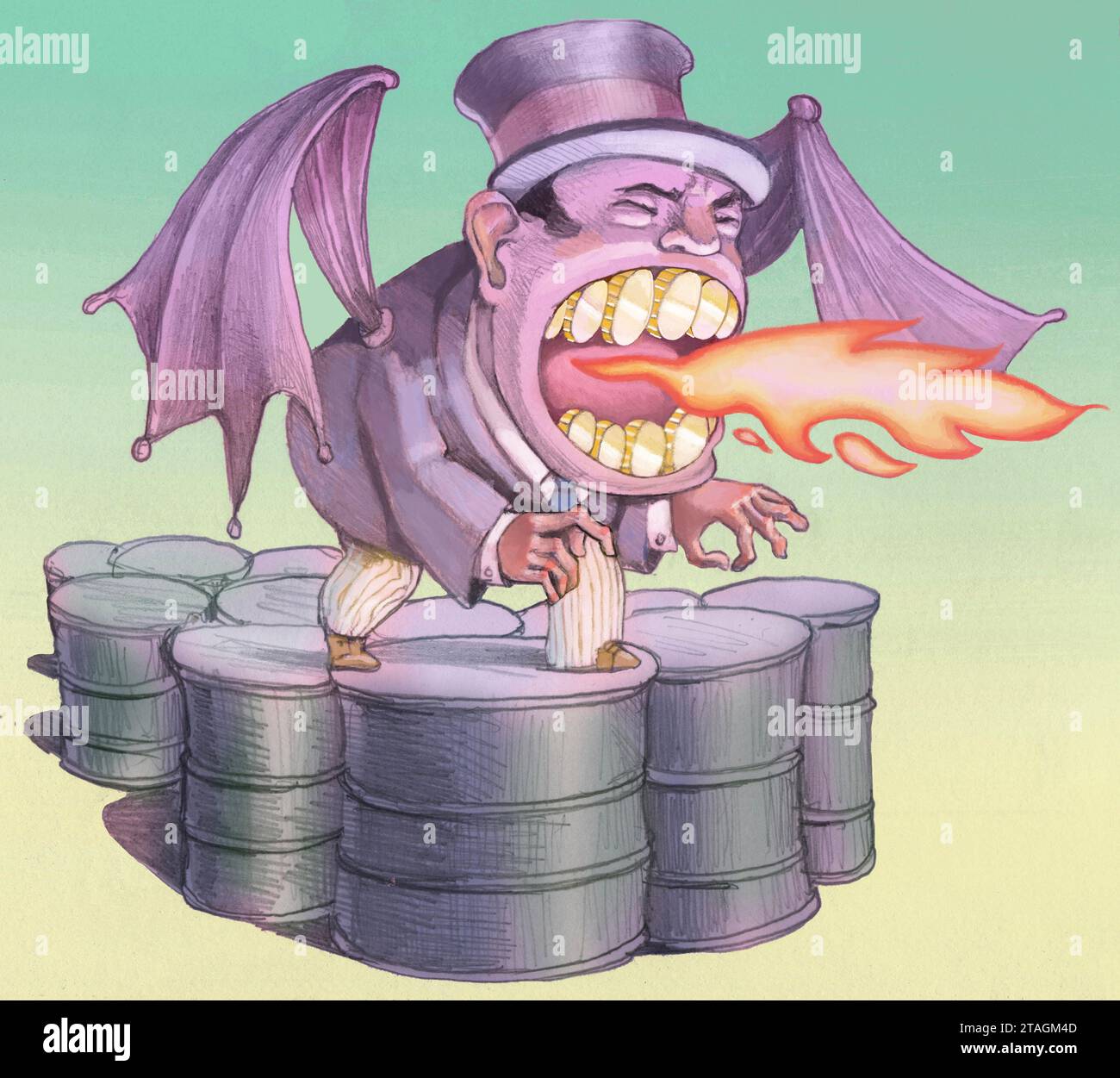 Rich capitalist with dragon wings and coins instead of fangs breathes fire, he is standing on oil drums, a metaphor for greed in the exploitation of Stock Photo