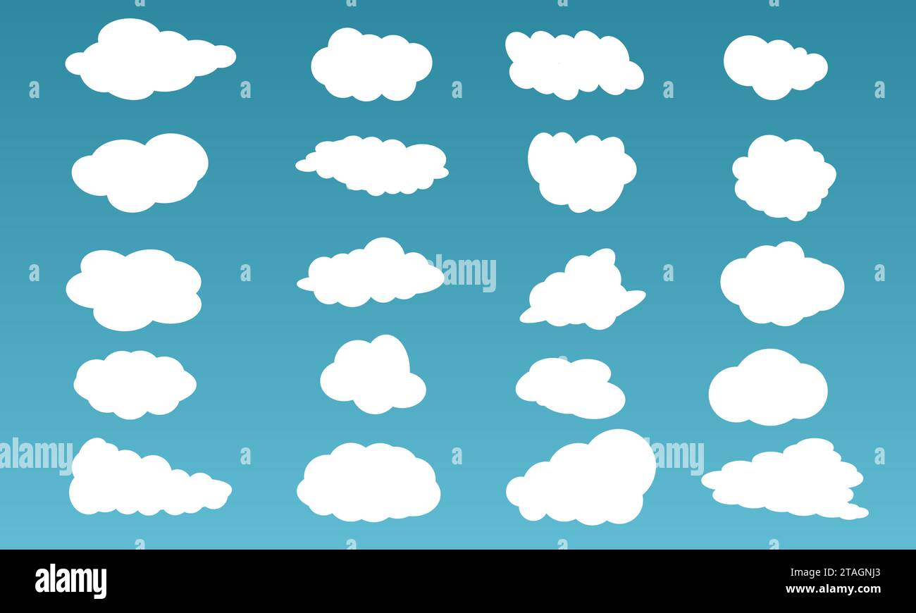 Collection of simple cloud shapes isolated on blue background. Set vector flat white cloud element icons Stock Vector
